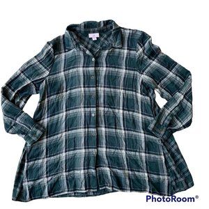 J Jill  Plaid Tunic Shirt Top Sz PM Petite Medium Spruce Green Relaxed C…